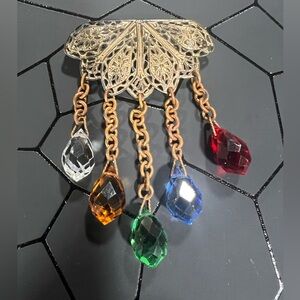 Art Deco Gold Tone Filigree Fanned Brooch with Dangling Glass Beads Vintage